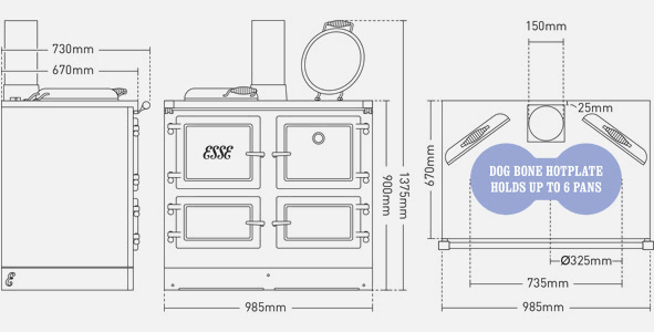 ESSE 1000 W Dimensions top and side hotplate